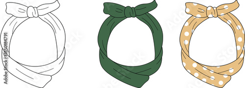 Three cartoon headscarves or bandanas tied with a knot one plain black and white headscarf hair accessory