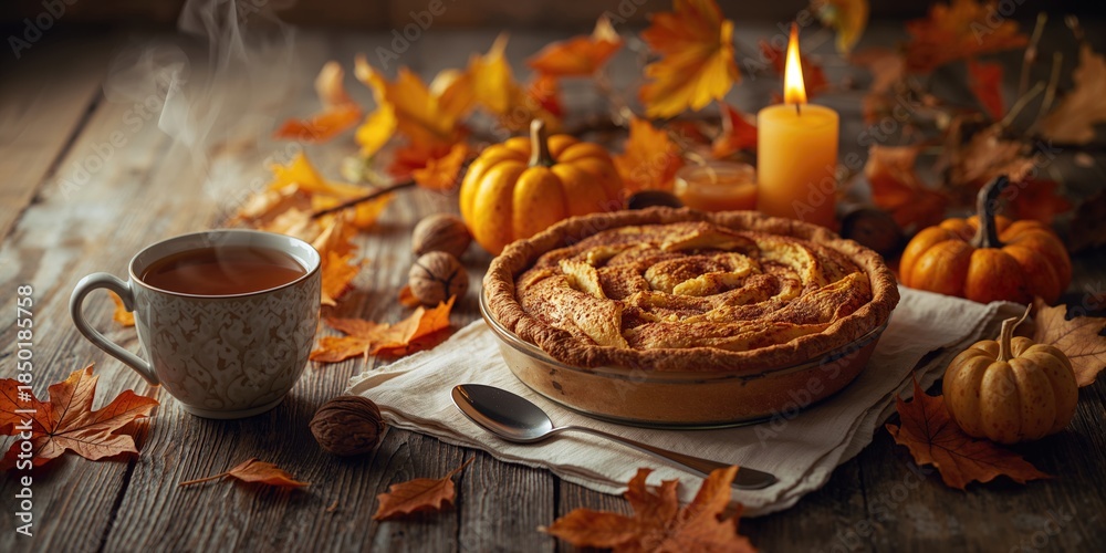 Fototapeta premium Rustic wooden table with a stylish cup of warm tea, apple pie with cinnamon, autumn leaves, pumpkins, nuts, and candle, seasonal display