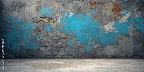Weathered stone wall painted blue used as a backdrop for street murals, urban preservation awareness