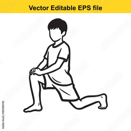  a black and white line drawing of a boy in a lunge position on a white background