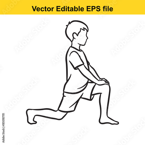  vector illustration of a boy in a lunge position in black and white on white background