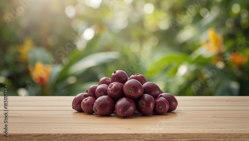Jabuticaba fruits on a pale wooden table, ideal for culinary layout or product display