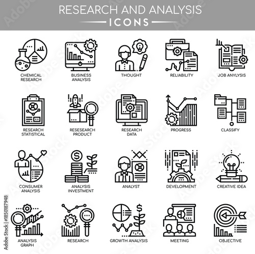 Research and analysis icon set illustrating data study, analytics, and insight concepts.