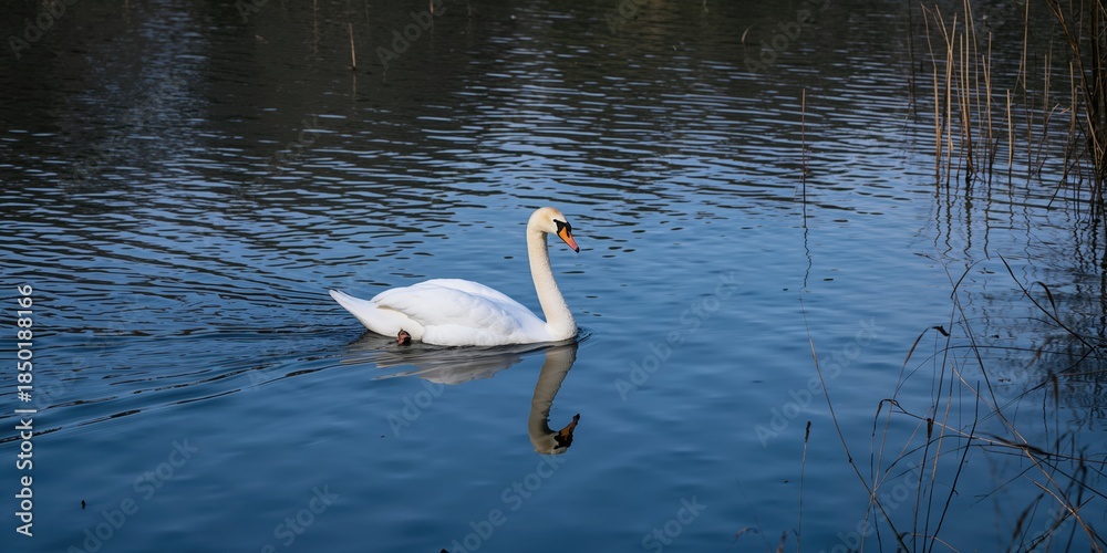 Fototapeta premium Mute swan gliding through icy pond during winter, illustrating aquatic bird adaptation and habitat, European wildlife