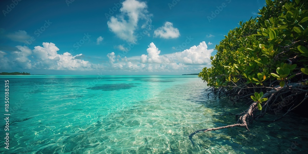 Fototapeta premium Mangroves along the pier edge serve as ecological defenses for shoreline stability, highlighting environmental conservation