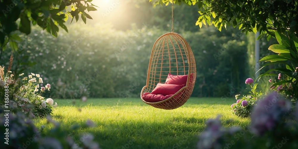 Naklejka premium Garden seating with a hanging chair and red cushions on a vibrant grass lawn, ideal for summer lounging