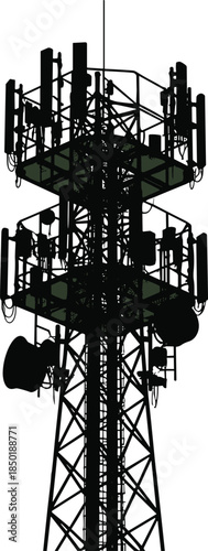 Telecommunication tower silhouette showing cellular network antenna infrastructure wireless signal transmission isolated on white background