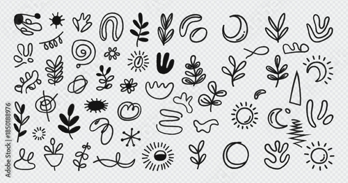 Flower brush stroke hand drawn sketch doodle flower, floral leaf elements ink style vector set. Simple botanical silhouette. Nature black paint kid scribble collage. Black rough flower border brush