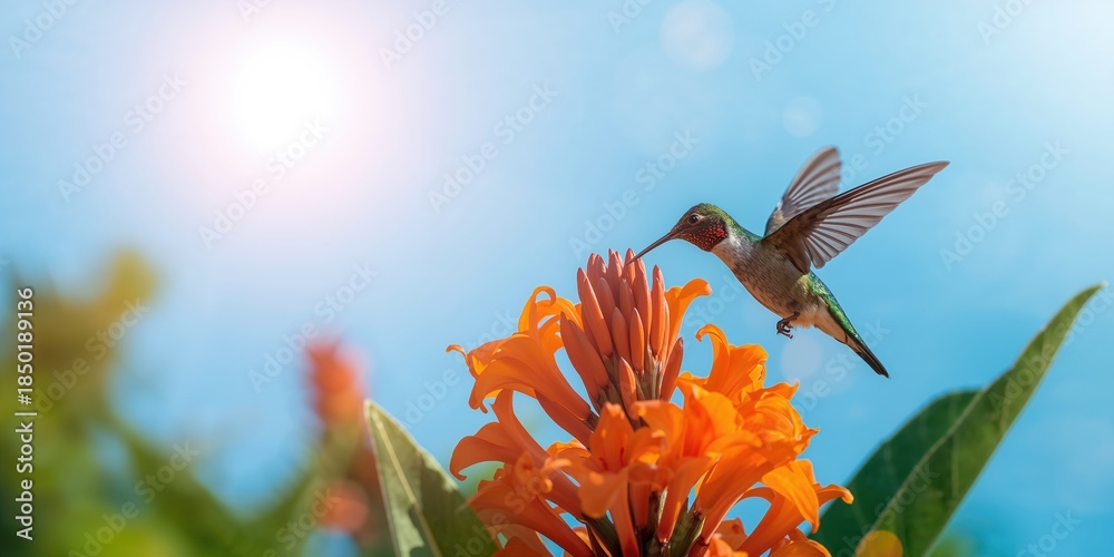 Obraz premium Black-throated Mango hummingbird in flight among orange flowers in bright sunlight, focusing on pollination activity