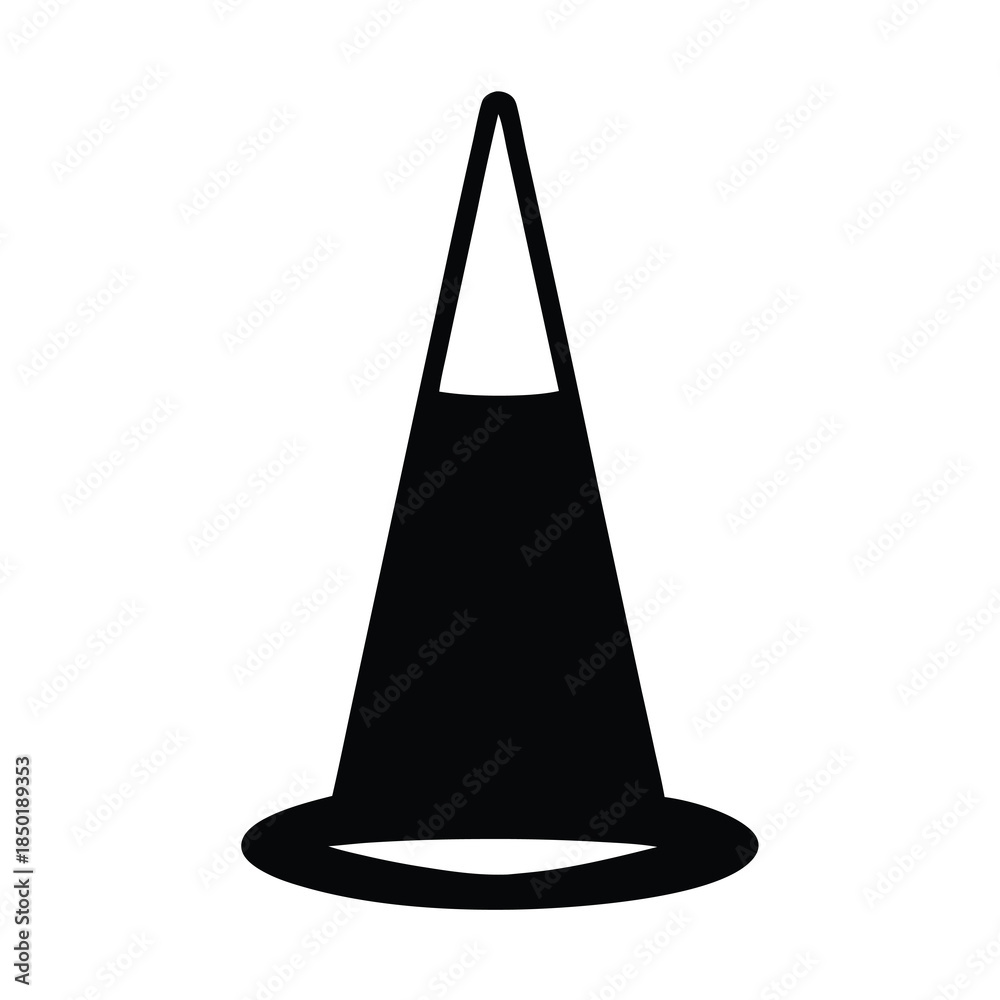 Fototapeta premium Traffic Cone Silhouette Road Safety Icon- Black silhouette of a traffic cone symbolizing road safety, construction zones, warnings, and temporary traffic control in urban environments