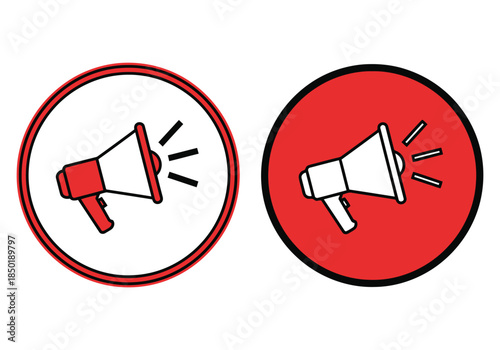 Two megaphone icons in red and white with sound waves