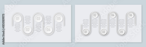 Set of 2 Minimal Neumorphic Infographic Templates with Rounded Steps and Radial Diagram in Soft grayscale Gradient Colors for Business Presentation