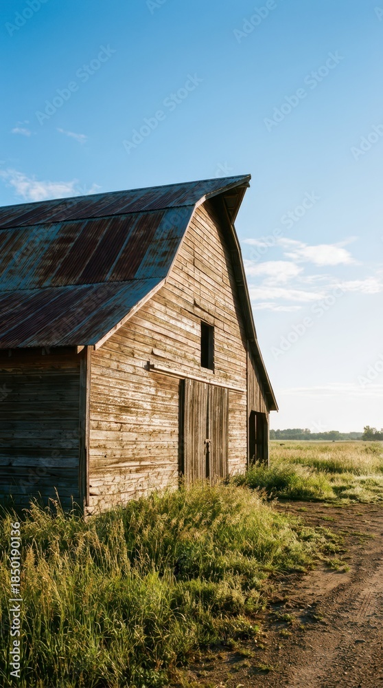 Obraz premium Rustic Wooden Barn Under Clear Blue Sky at Sunrise in Countryside