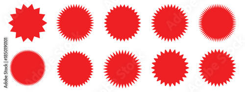 Set of red starburst. Price sticker, sale sticker, price tag, starburst, quality mark, retro stars, sale. Circle sticker set. Wavy edge promo red badges. Star burst shape tags for price