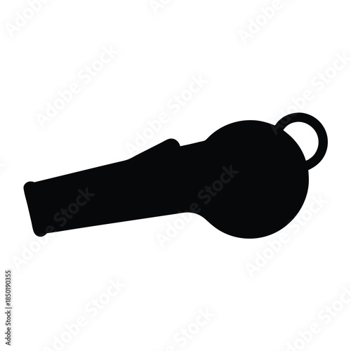 Whistle Silhouette Sports Referee Signal Icon- Black silhouette of a whistle symbolizing sports officiating, signaling, alerts, coaching, and sound warning concepts in a simple graphic style