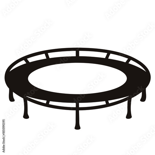 Trampoline Silhouette Icon Recreation Equipment- Black silhouette illustration of a round trampoline, representing outdoor play, fitness activity, childhood fun, and recreational sports equipment.
