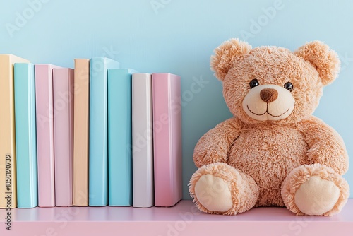 teddy bear toy placed beside colorful reading books high resolution picture