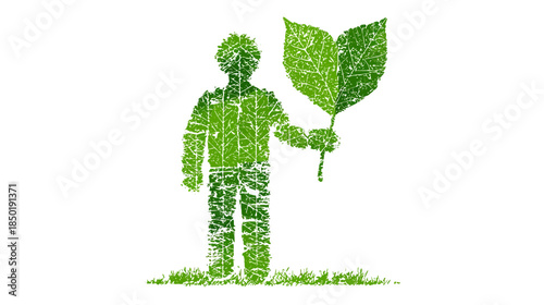 Textured green human figure holding fresh leaves, symbolizing environmental protection, sustainable living, and nature conservation.