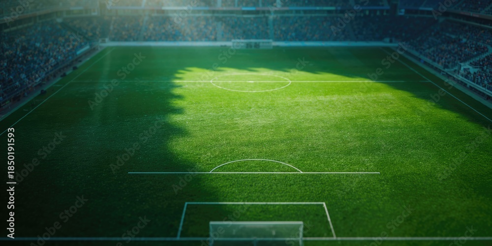 Obraz premium Aerial perspective of a football stadium field focusing on grass and markings, useful for sports strategy or event organization