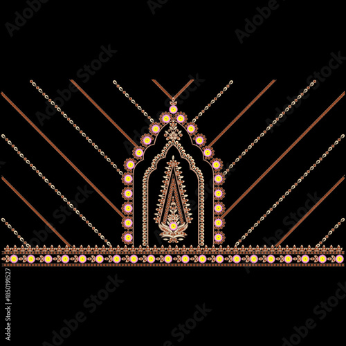 A beautiful embroidery floral motif design with leaf leaves ornaments for digital and textile print on fabric.