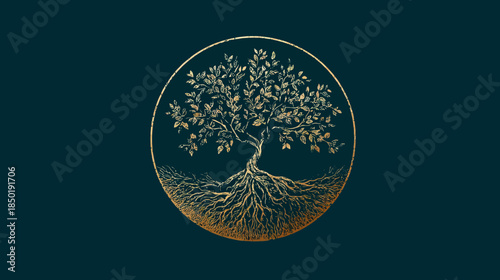 Elegant golden tree of life illustration. Intricate roots and leaves in a round emblem. Nature, growth, ecology symbol.