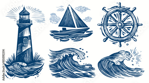 Vintage hand-drawn nautical sketches set: lighthouse, sailboat, ship's wheel, and ocean waves. Engraved marine travel elements.