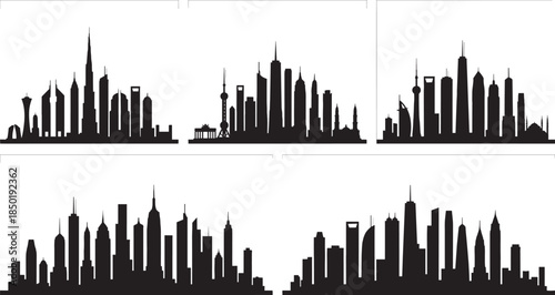 Black silhouettes of famous city skylines with skyscrapers isolated on white background, urban architectural vector illustration, modern world landmark buildings panorama, travel. 