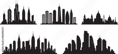 Black silhouettes of famous city skylines with skyscrapers isolated on white background, urban architectural vector illustration, modern world landmark buildings panorama, travel. (Exactly 22 words)