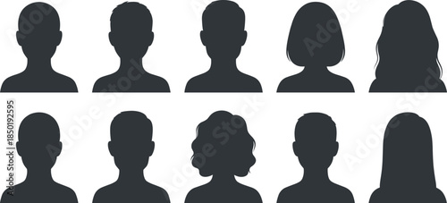 Black silhouette of diverse people avatars isolated on white background, group of men and women head portraits vector illustration, human profile icons. (Exactly 22 words)