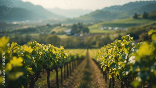 Spring vineyard scene with abundant grapevines, used as an outdoor setting for farm and nature activities, Earth Day