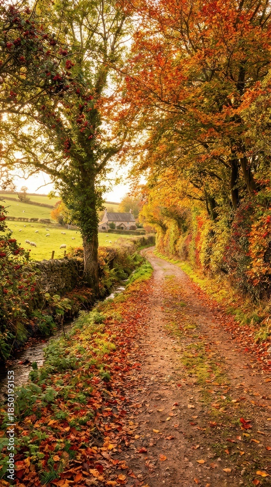 Fototapeta premium Scenic Autumn Pathway Surrounded by Colorful Trees and Leaves