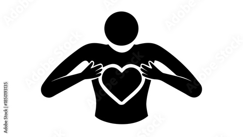 Minimal silhouette of a person holding a heart shape at chest level, emotional health and self-care wellness concept