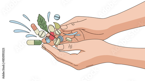 Hands holding various pills capsules and a green leaf with water splashes