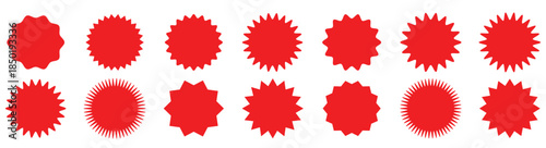 Set of red price sticker, sale or discount sticker, sunburst badges icon. Stars shape with different number of rays. Special offer price tag. Red starburst promotional badge set, shopping