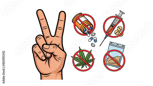 Hand making peace sign next to forbidden symbols for drugs and addiction