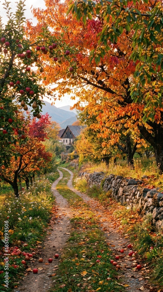 Fototapeta premium Scenic Autumn Pathway Through Colorful Trees and Quiet Cottage