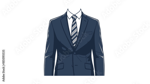 Illustration of a dark blue suit jacket white shirt collar and striped tie