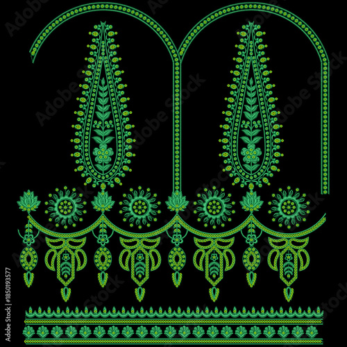 A beautiful embroidery floral motif design with leaf leaves ornaments for digital and textile print on fabric.