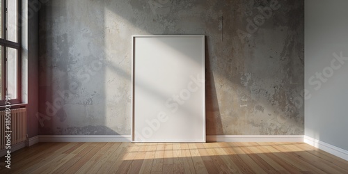Wall-mounted poster frame illuminated by a spotlight, intended for visual arrangement and editorial use