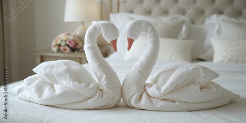 Fototapeta Naklejka Na Ścianę i Meble -  Towel swans arranged as elegant decor for hospitality environments, highlighting craftsmanship and presentation