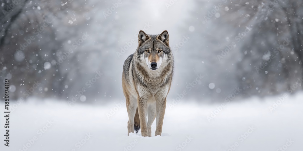 Fototapeta premium Winter scene with a solitary gray wolf on snow-covered ground, illustrating natural habitat