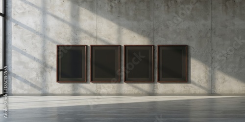 Gallery display with a series of black picture frames arranged on a concrete wall, suitable for layout planning