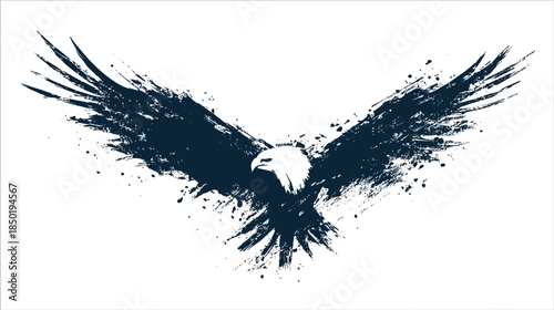 Stylized grunge eagle illustration flying with wings spread, dark ink splatter effect on a white background, powerful bird of prey.
