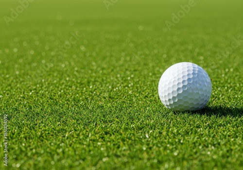 A clean, perfectly white golf ball resting on a bright green fairway ready for the next powerful drive or precision putt toward the hole ,clear ,macro ,dimples