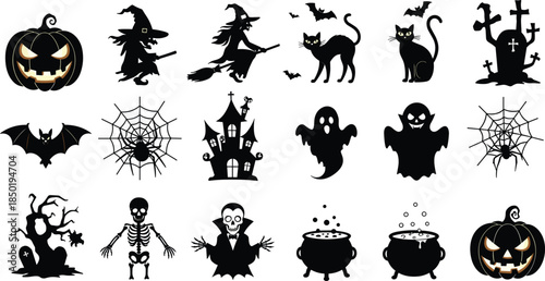 Halloween, silhouette, icons, pumpkin, witch, ghost, bat, spider, haunted, house, skeleton, vampire, cauldron, graveyard, tree, cat, scary, spooky, black, festive