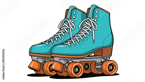 Illustration of a pair of teal hightop roller skates with orange wheels