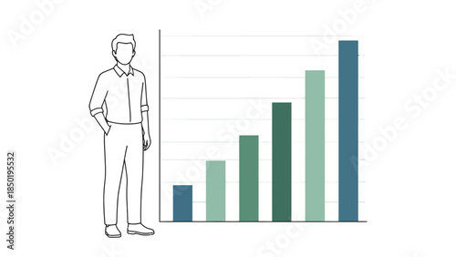 Line drawing of a man beside a vertical bar chart with five ascending bars