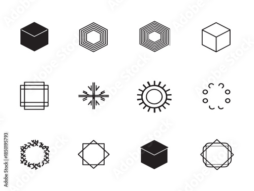 Collection of 3d geometric shapes and symbols in black and white