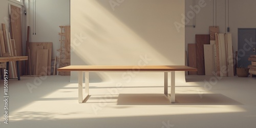 Workshop scene featuring a low-angle view of a thin oak veneer dining table with white metal legs, highlighting modern furniture construction