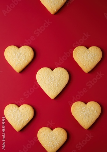 Delicious homemade heart shaped sugar cookies flat laid on a vibrant scarlet background, ideal for romantic holiday celebration concepts ,background ,delicious ,bright